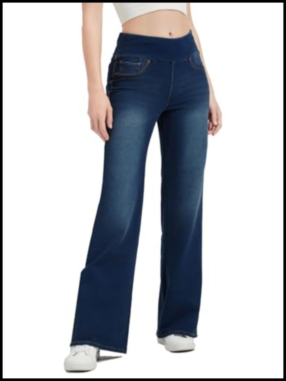 Womens High Waisted Bell Bottom Pull On Flare Jeans Tummy Control